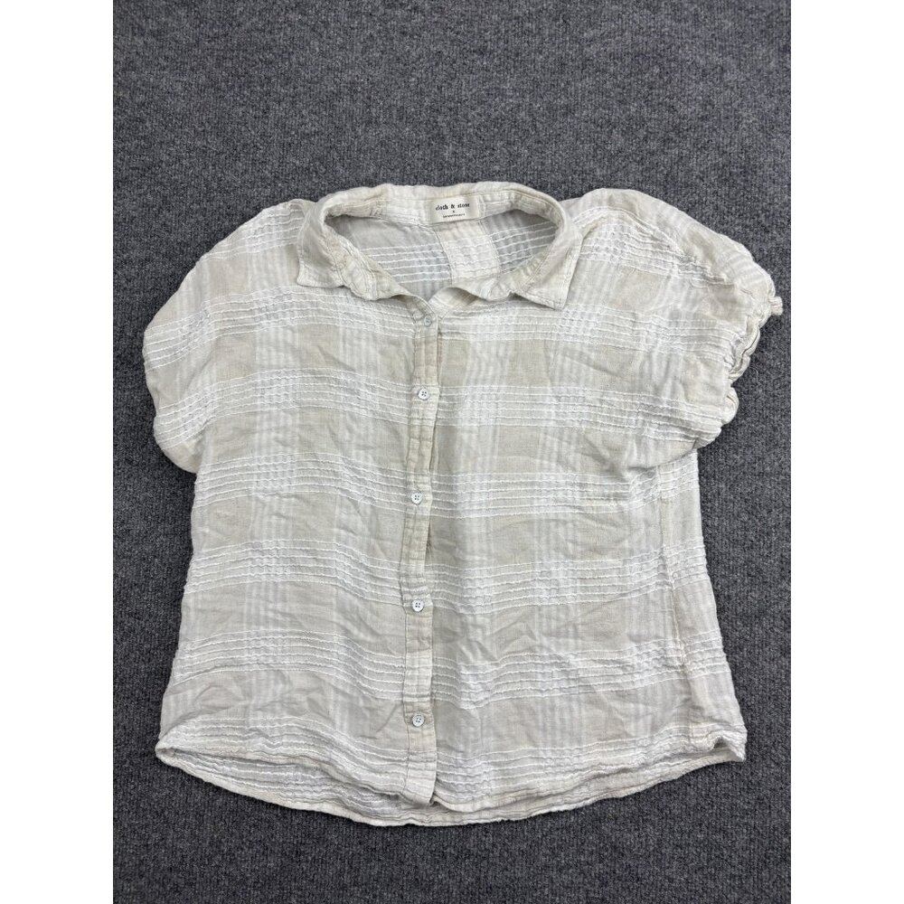 Cloth & Stone Shirt Womens XL Beige Plaid Short Sleeve Button Front‎ Linen Top